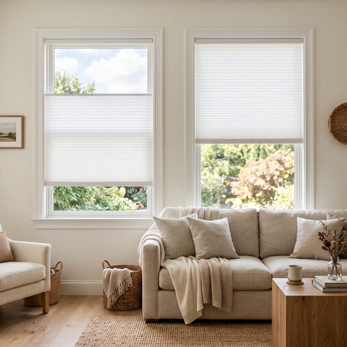 Simplistic Cordless Tdbu Pleated Shades effortlessly filter harsh sunlight, ensuring a serene ambiance in this peaceful living room setting with plush gray sofas and rich wooden accents.