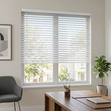 Load image into Gallery viewer, A look at White (White Gloss) Classic Cordless 8g Aluminum Mini Blinds inside a cozy library, providing precise light control with adjustable aluminum slats.
