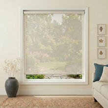 Load image into Gallery viewer, Premier 14% Solar Screen Roller Shade in a sun-drenched living room setting, casting a warm glow on a white interior with minimalist decor

