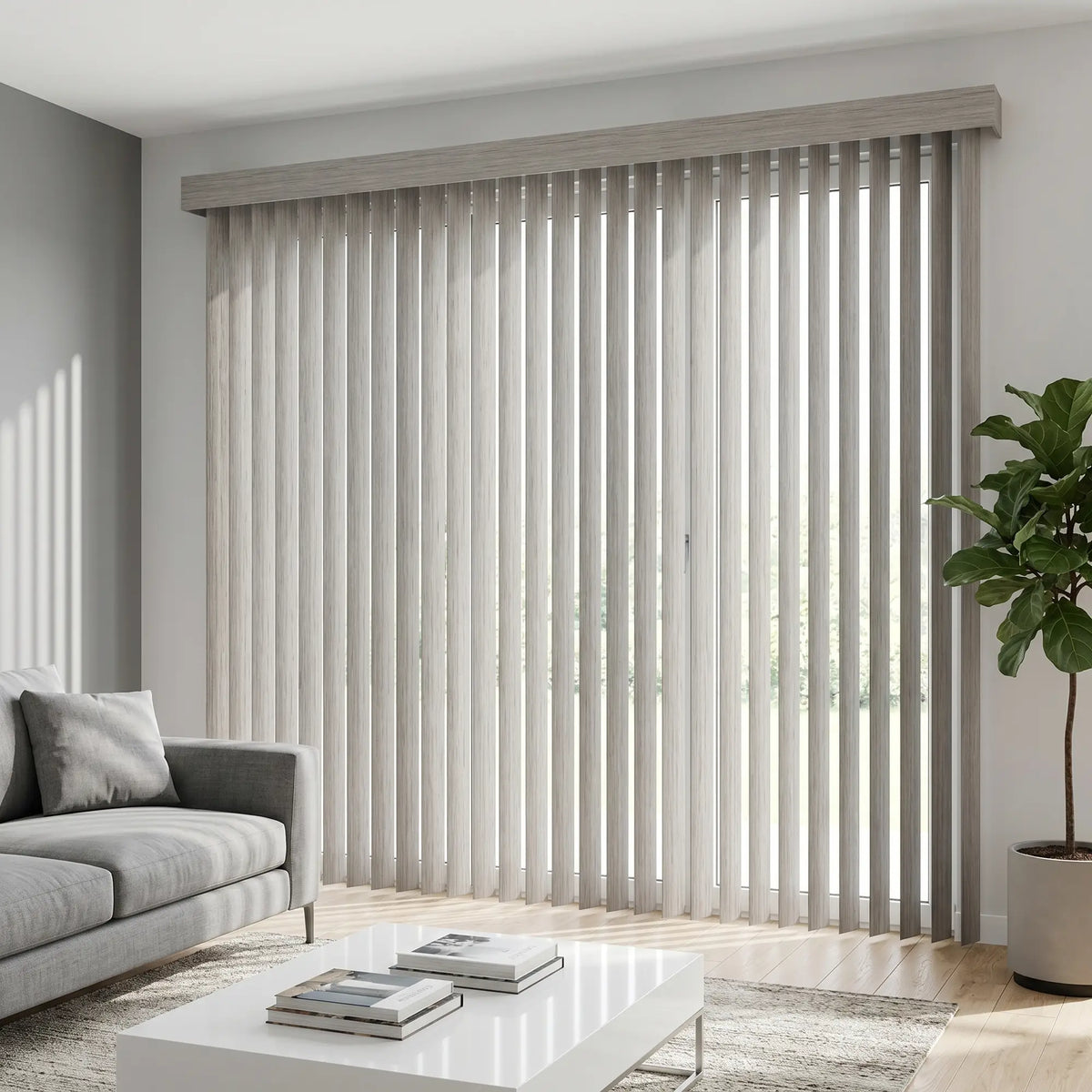 Wood Grain Faux Wood PVC Vertical Blinds in crisp White harmonize with gray tones, perfect for modern living rooms or offices.