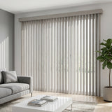 Wood Grain Faux Wood PVC Vertical Blinds in crisp White harmonize with gray tones, perfect for modern living rooms or offices.