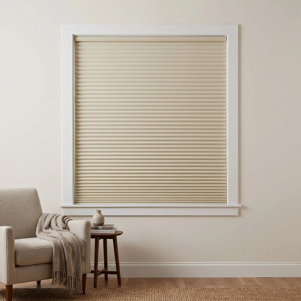 White Llama Signature Blackout Single Cellular Shade on a bright bedroom window