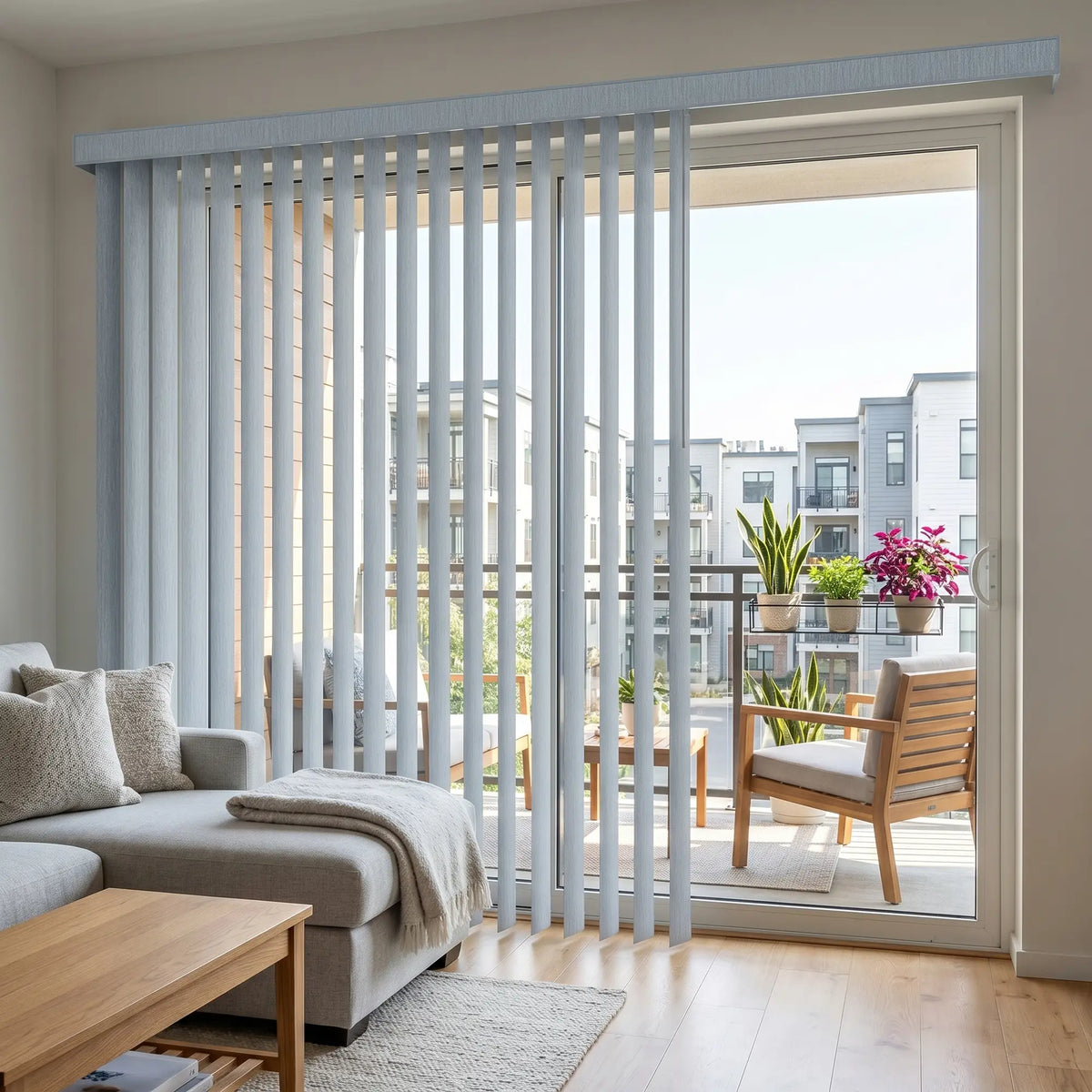 Interior view of a cozy living room styled with White (Mammoth Winter Blue) 3 1/2 Inch S Shape Pvc Vertical Blinds, managing sunlight and privacy with smooth s-shaped vanes.