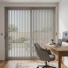 Load image into Gallery viewer, View of a serene office with White (Marie Stone) 3 1/2 Inch Classic Curved Pvc Smooth Vertical Blinds, combining practical light filtering with a structured modern look.
