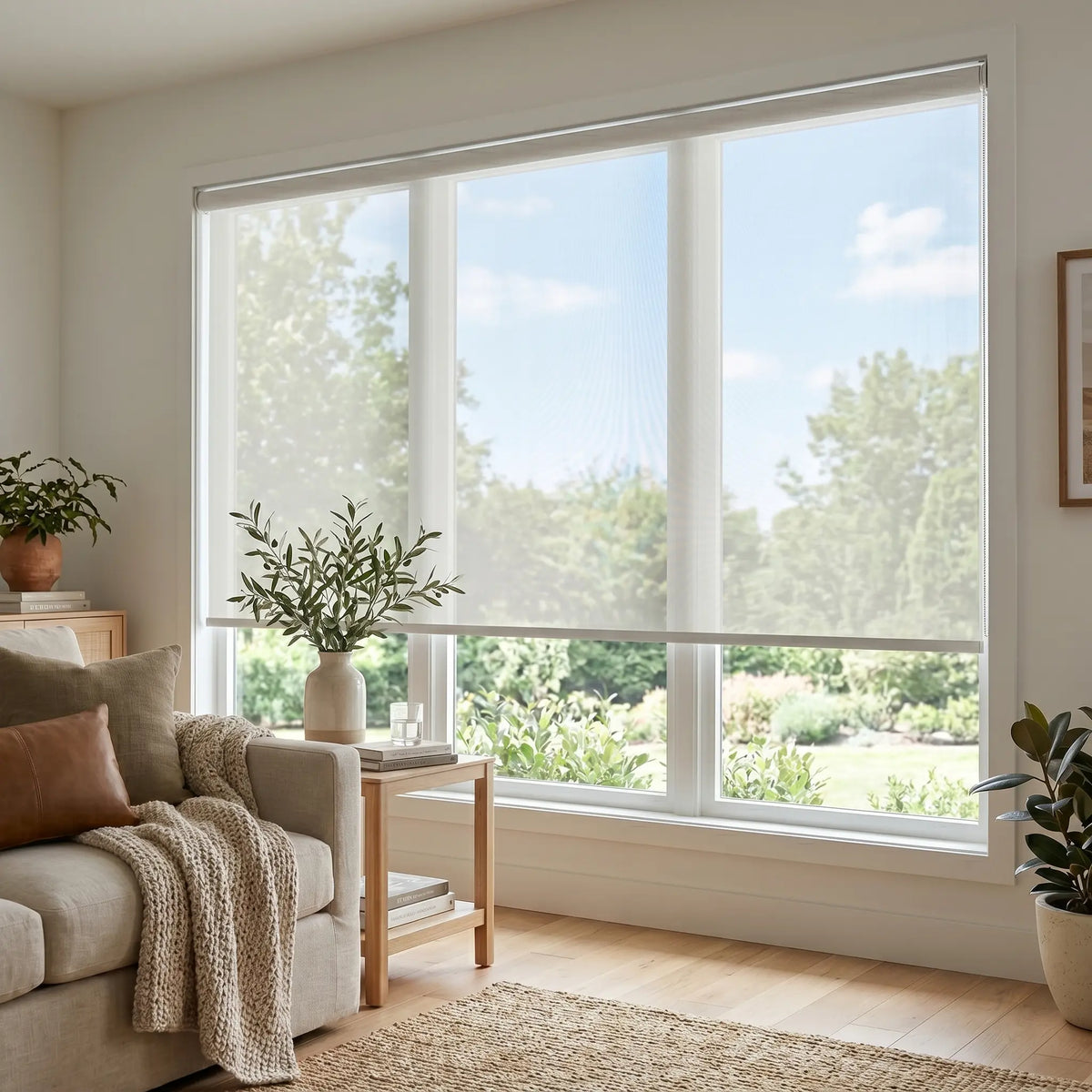 Premier 10% Solar Screen Roller Shade adds a touch of creamy white elegance to this inviting living space, while filtering UV rays and maintaining privacy.