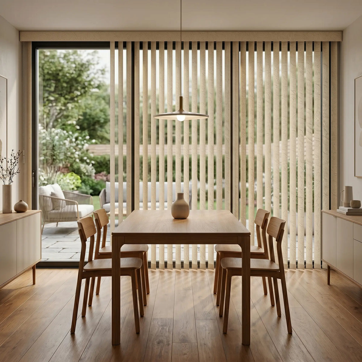 Showcasing White Premier Pvc Vertical Blinds in a warm patio, offering excellent light control and privacy for large spaces.