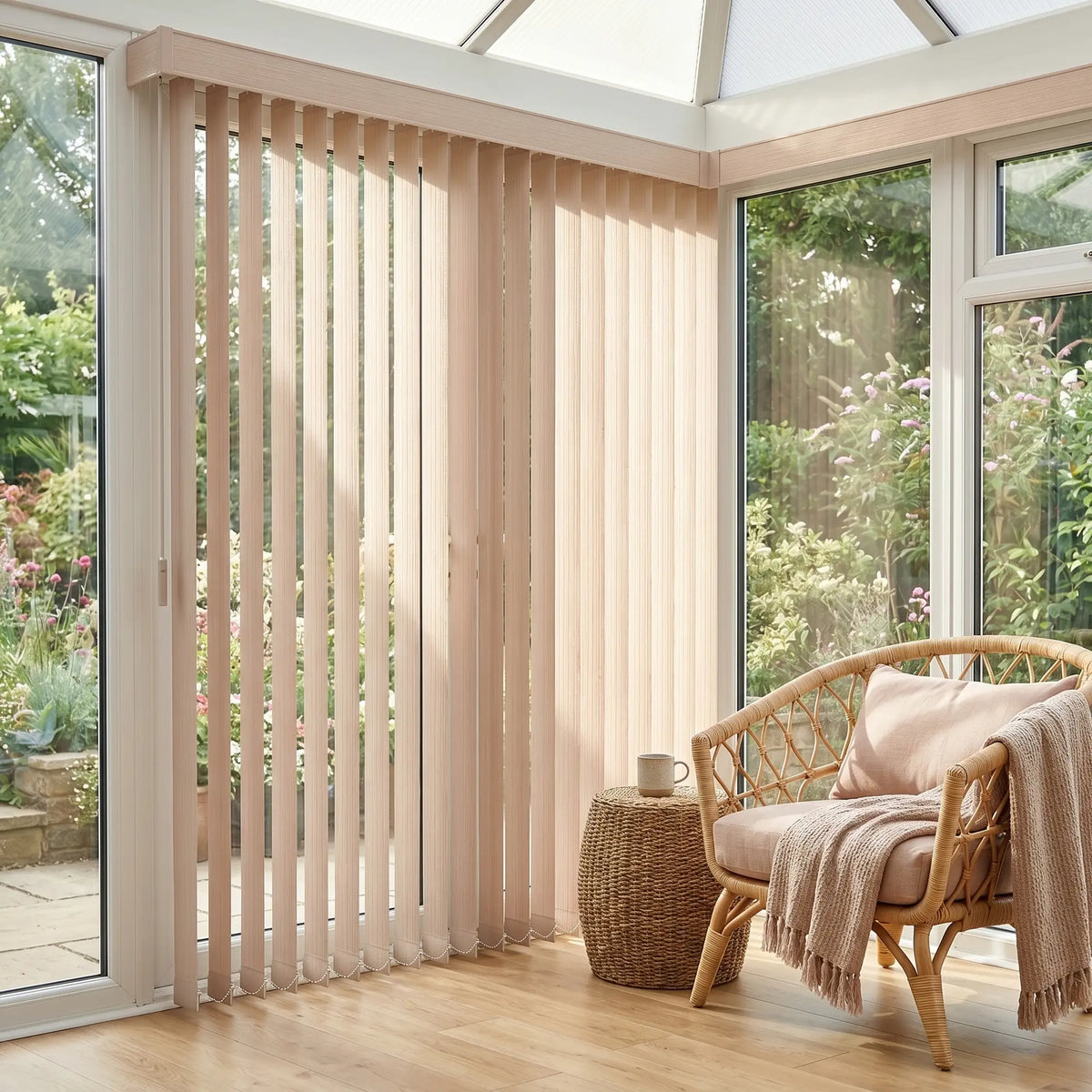 White Premier Pvc Vertical Blinds providing a structured touch to this serene living space, perfect for covering sliding glass doors or large windows.