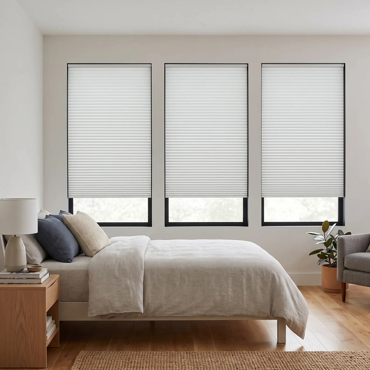White White-Radish Signature Blackout Double Cellular Shade on a bedroom window beside a wood nightstand