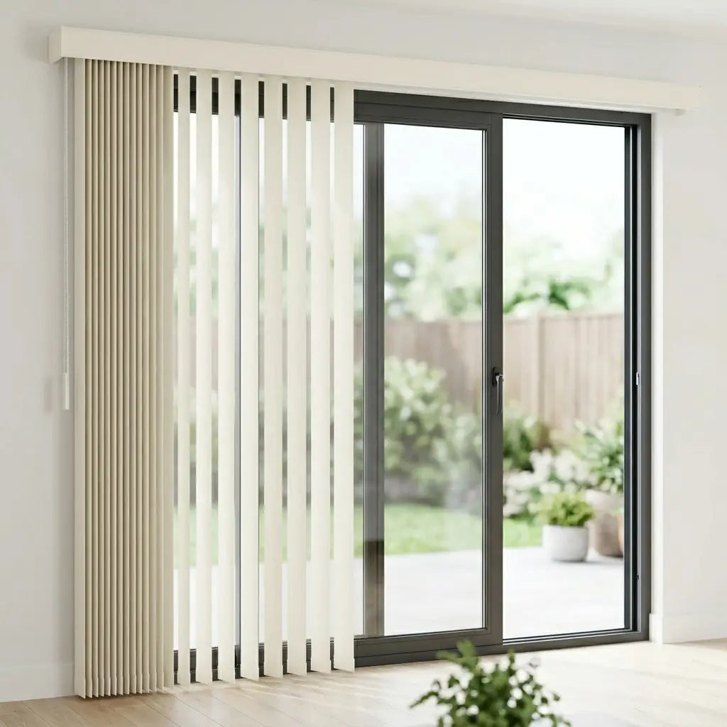 Showcasing White S Shape Pvc Vertical Blinds in a cozy retreat, ideal for expansive windows requiring stylish light management.