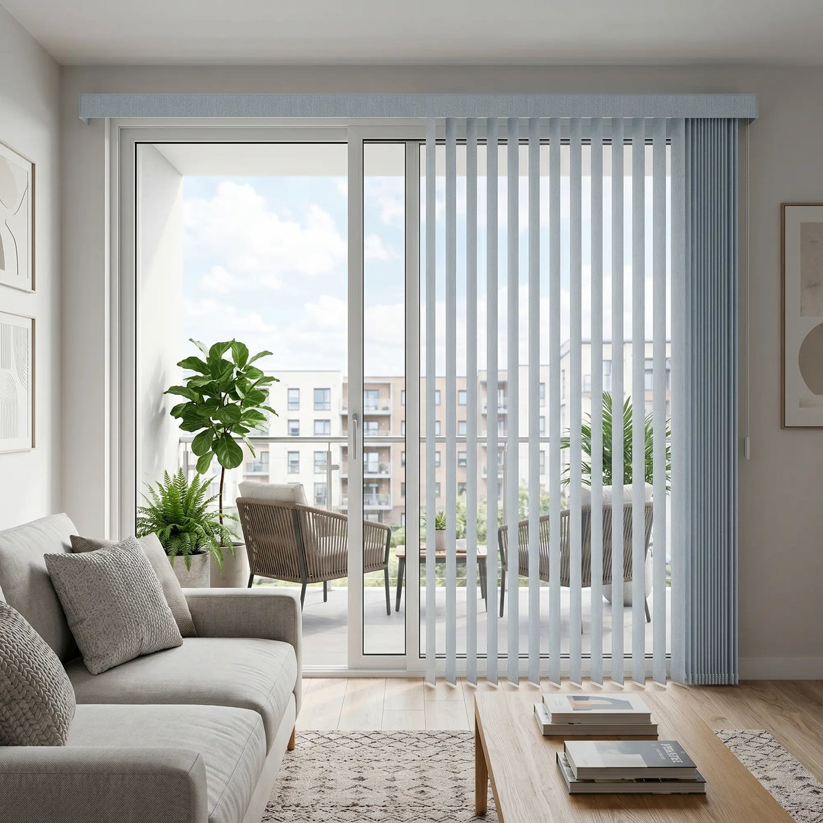 Natural sunlight hits the White S Shape Pvc Vertical Blinds in a relaxed retreat, adding a refined, undulating texture to the window treatment.