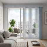 Natural sunlight hits the White S Shape Pvc Vertical Blinds in a relaxed retreat, adding a refined, undulating texture to the window treatment.