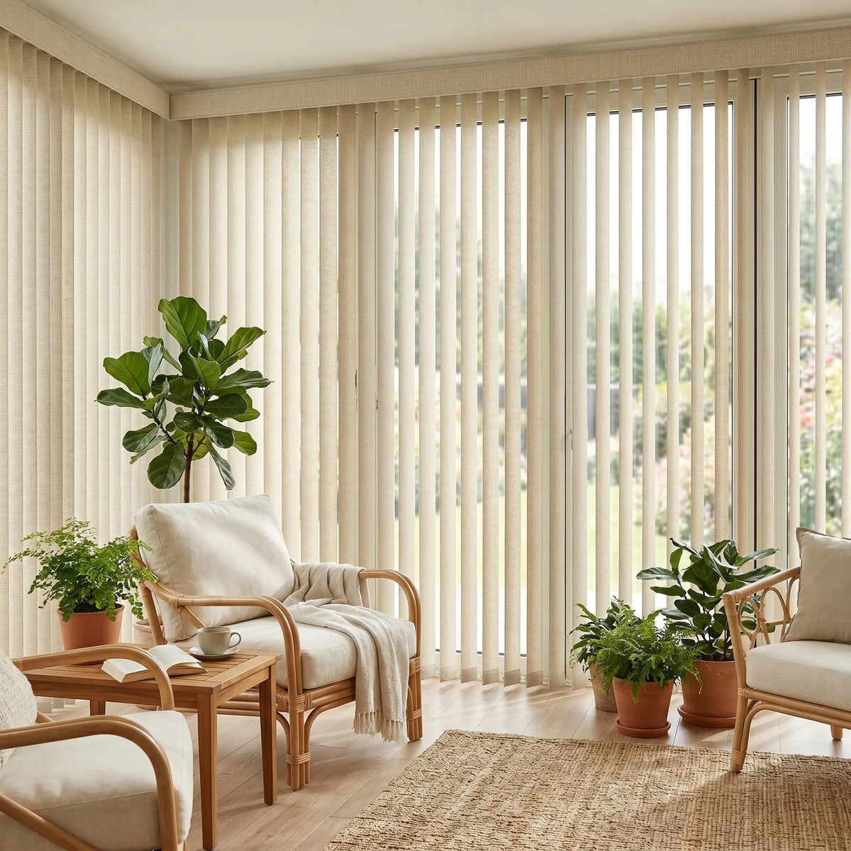 Signature Collection Fabric Vertical Blinds in White seamlessly integrate with a serene room featuring plush chairs and lush greenery, perfect for relaxation.