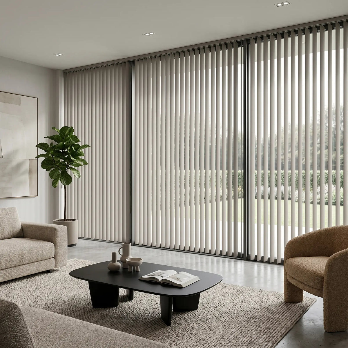 Styling a inviting living space with White Signature Pvc Vertical Blinds, blocking out harsh glare while maintaining a clean aesthetic.