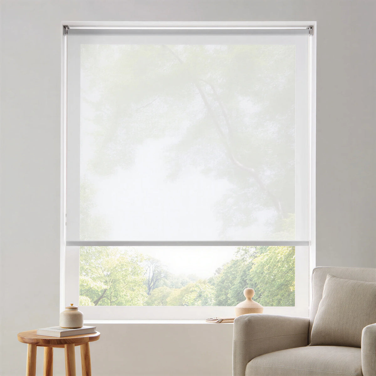 Additional view of white sheer light filtering roller shades, highlighting the high-clarity view to the outdoors.