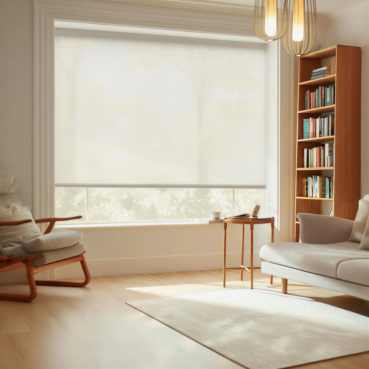 Lifestyle view of white sheer light filtering roller shades in a modern apartment with natural wood flooring.