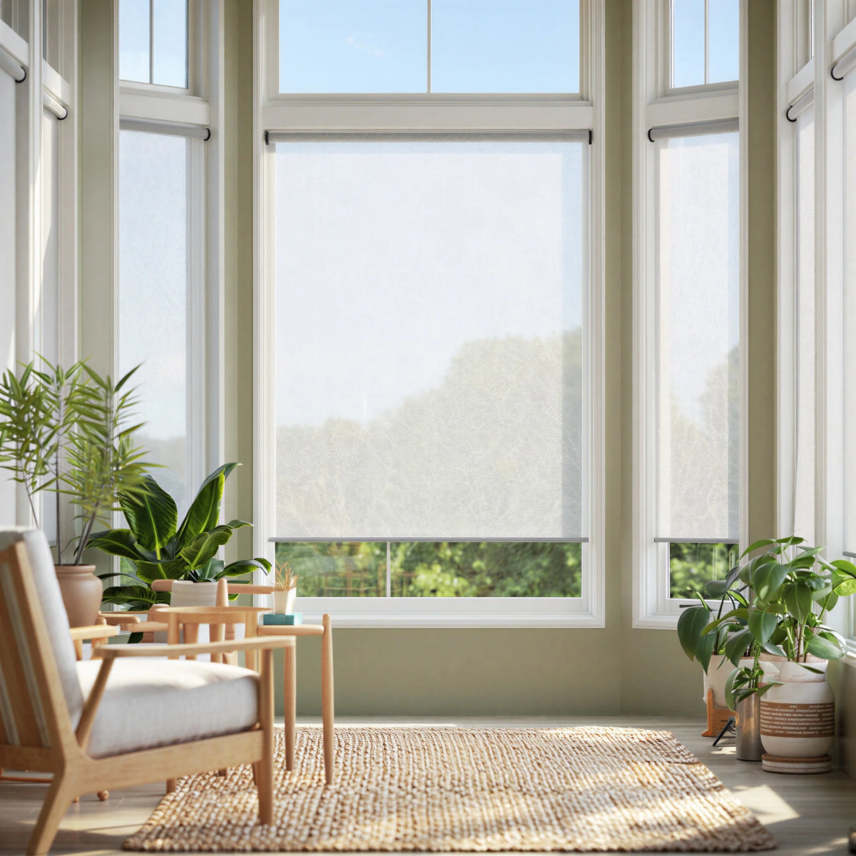 Wide context shot of white sheer light filtering roller shades in a bright, airy living room with a large jute rug.