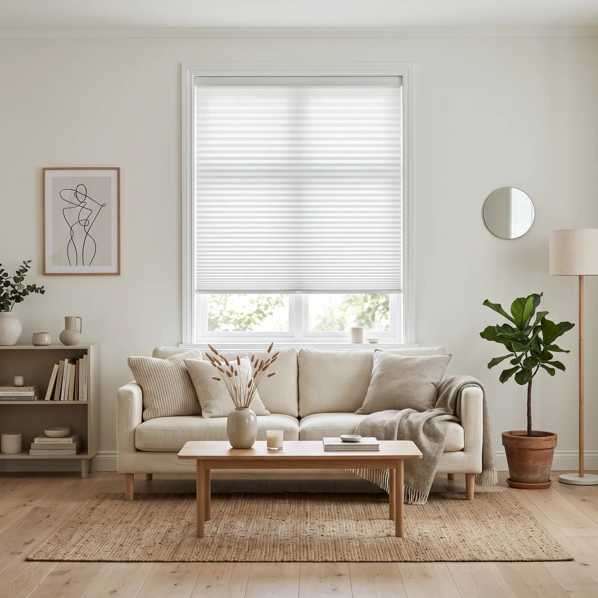 Simplistic Cordless Pleated Shades in White effortlessly complement the beige sofa and potted plants, softening the room's ambiance while allowing natural light to dance across the space.