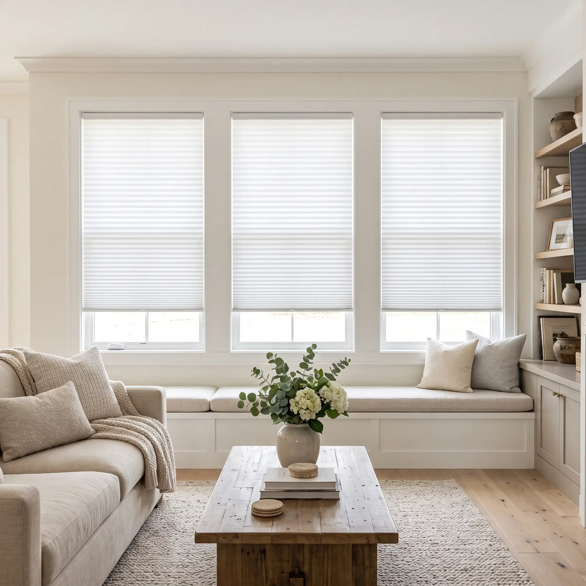 Simplistic Cordless Pleated Shades in pure white harmonize with the room's serene atmosphere, allowing natural light to filter through while maintaining a sense of calm, amidst a stylish arrangement of furniture and decorative accents.