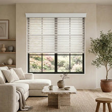 Load image into Gallery viewer, Hardwood Cordless Horizontal Blinds effortlessly filter the sun's rays, illuminating a serene living room where plush beige sofas and subtle side tables mingle in harmony.
