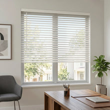 Load image into Gallery viewer, Showcasing White (Snow Crystal) Classic Cordless 8g Aluminum Mini Blinds in a cozy living room, managing sunlight effectively with easy-to-tilt aluminum slats.
