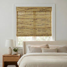 Load image into Gallery viewer, Cordless Woven Wood Shades by [Brand Name] harmonize with white linens, creating a serene and inviting ambiance perfect for restful nights.
