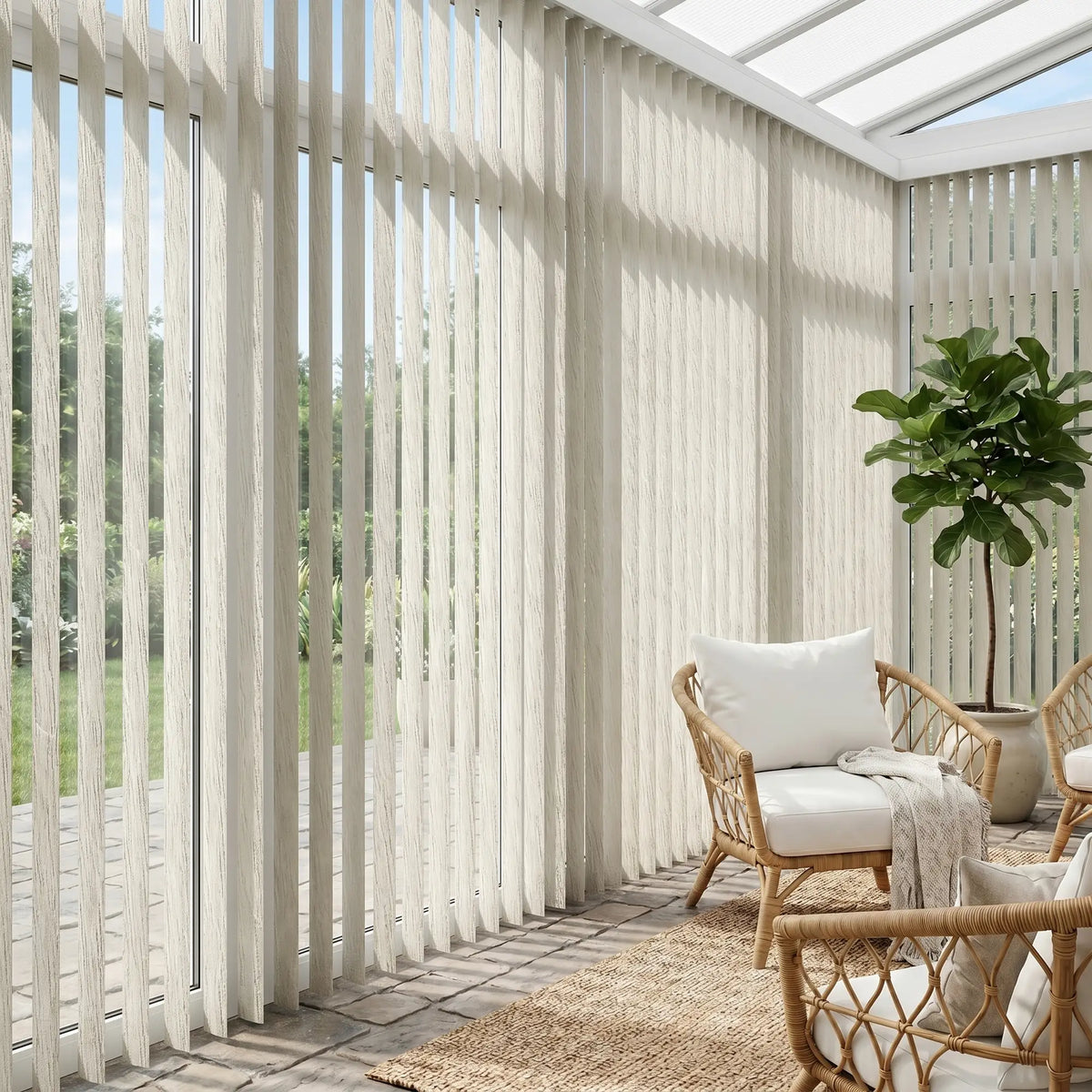Natural sunlight hits the White (Wanderlust Gypsum) Signature Pvc Vertical Blinds in this serene living space, delivering sleek functionality and room-darkening capabilities.