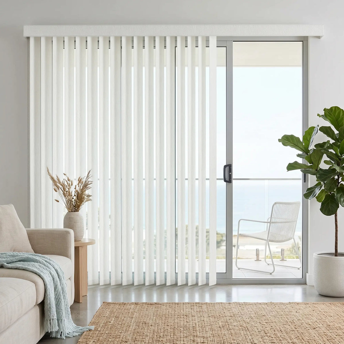 View of a cozy patio with White (Wanderlust Snowdrift) 3 1/2 Inch S Shape Pvc Vertical Blinds, managing sunlight and privacy with smooth s-shaped vanes.