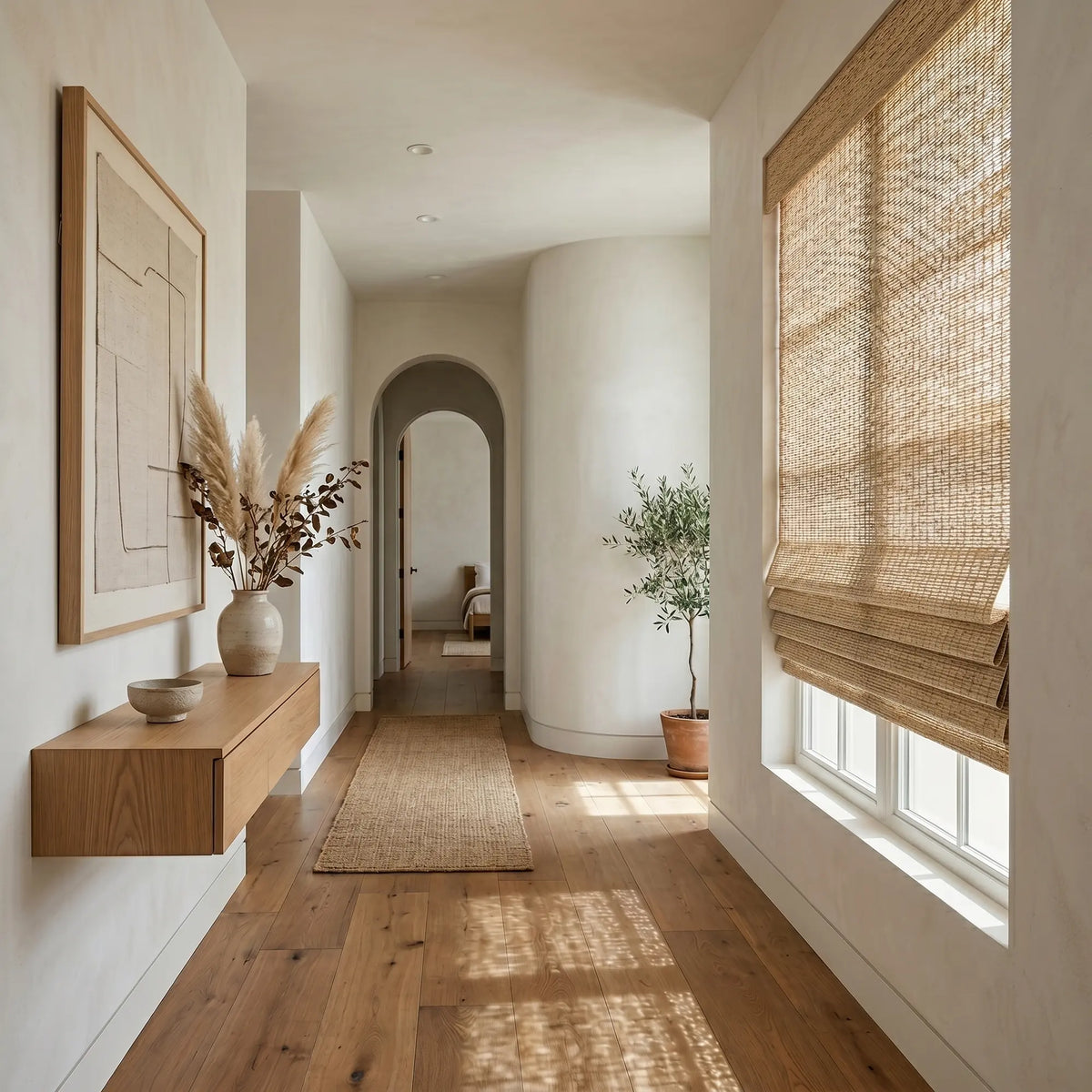 Softly filtering natural light, Wicker Look Woven Cordless Shades adorn a serene space with a floral urn on a shelf amidst wooden flooring's warm tones.