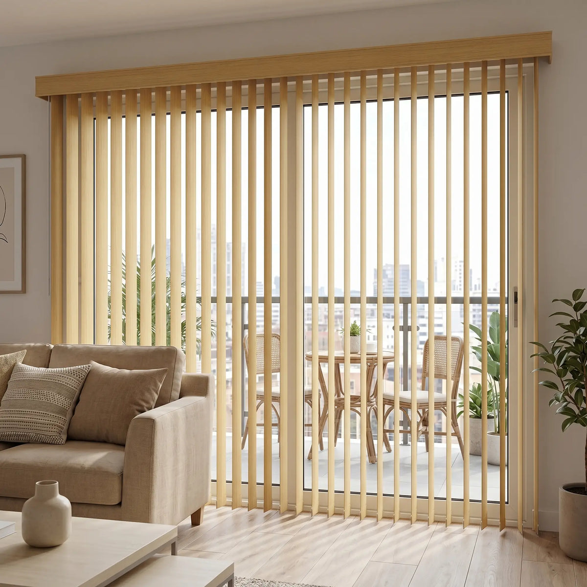 Warm wooden tones from Wood Grain Faux Wood PVC Vertical Blinds allow natural light and privacy in this inviting living room with plush sectional sofa