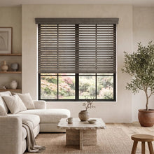 Load image into Gallery viewer, Crisp, clean lines of the Hardwood Cordless Horizontal Blinds harmonize with wooden accents in this serene room, where natural light meets stylish sophistication.

