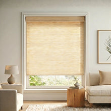 Load image into Gallery viewer, Main view of Zute Cream Luxe woven wood-look light filtering shades in a modern living room with organic decor.
