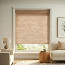 Load image into Gallery viewer, A beautiful installation of Zute Toffee Luxe woven wood-look light filtering shades in a nature-inspired interior.
